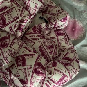 Pink cropped money puffer coat